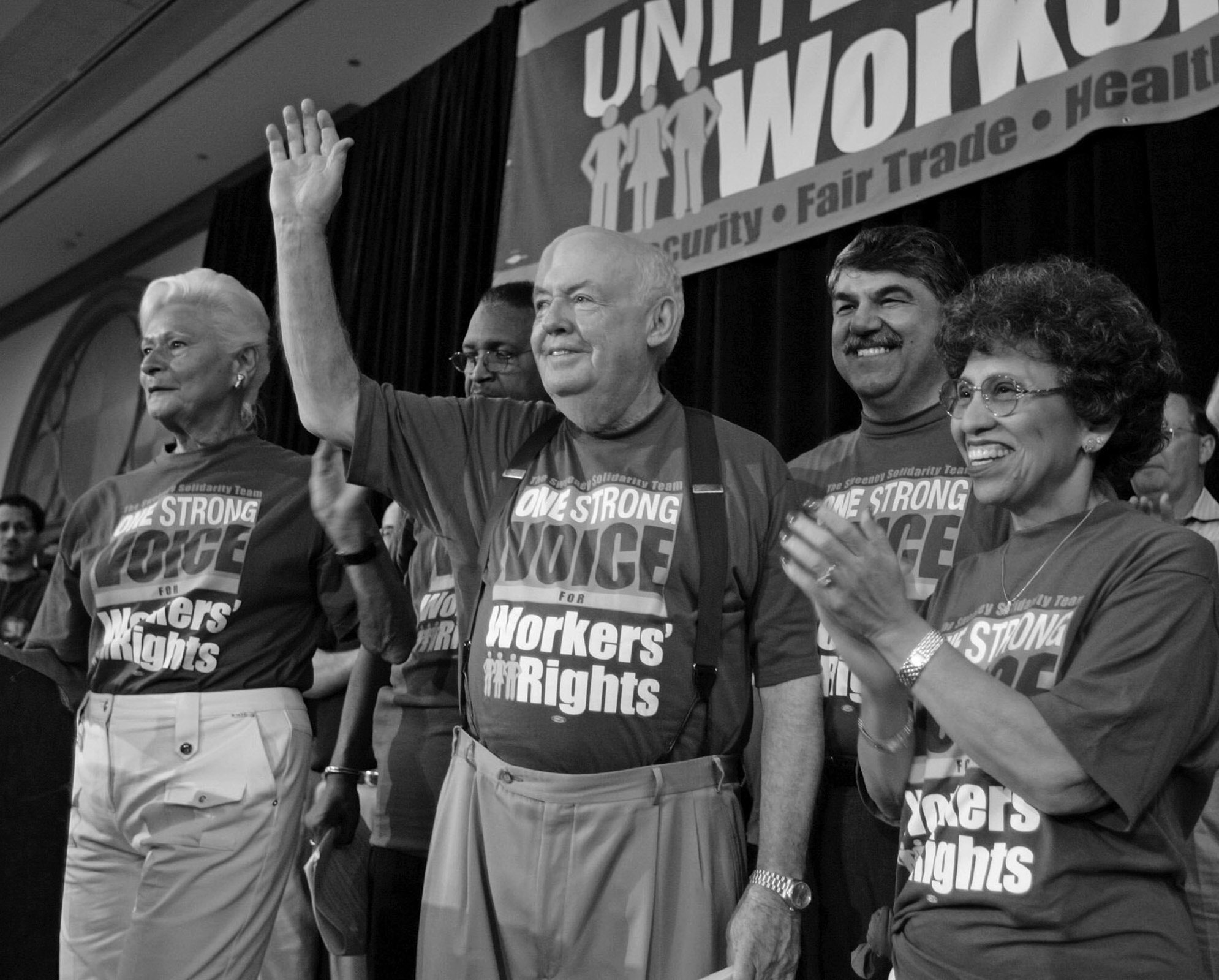 John Sweeney, center, after speaking at a union solidarity rally in Chicago in 2005. At right was his deputy, Linda Chavez-Thompson, executive vice president of the A.F.L.-C.I.O. Behind him, at right, was his eventual successor, Richard L. Trumka. Credit: Brian Kersey/Associated Press